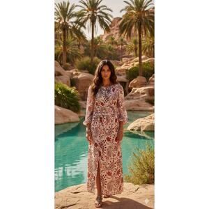 green and white beach dress Women's Not In A Hurry Olive Green Tropical Print Cotton Cutout Maxi Dress | Size: M main image 0